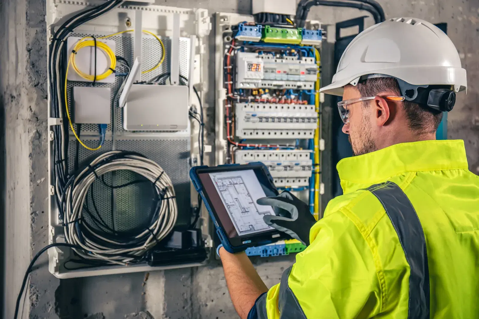 Project team reviewing site data on a digital tablet